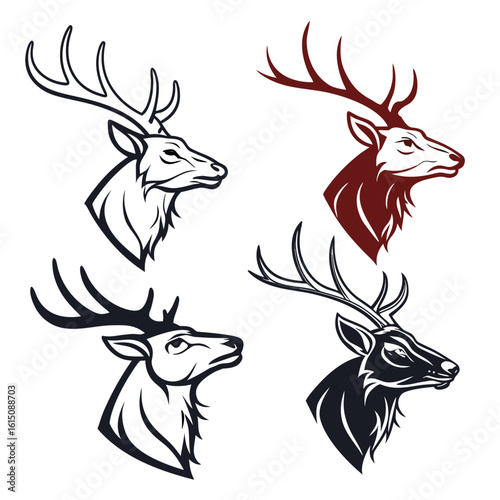 Four stylized deer head illustrations with antlers