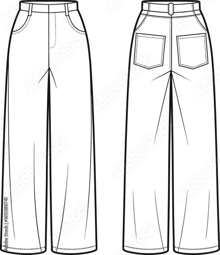 Women’s wide leg pants, front and back view, flat sketch, technical fashion illustration, CAD drawing, pocket detail, vector outline