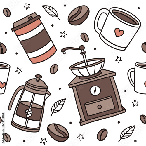 Cute coffee pattern with mugs beans grinder and french press