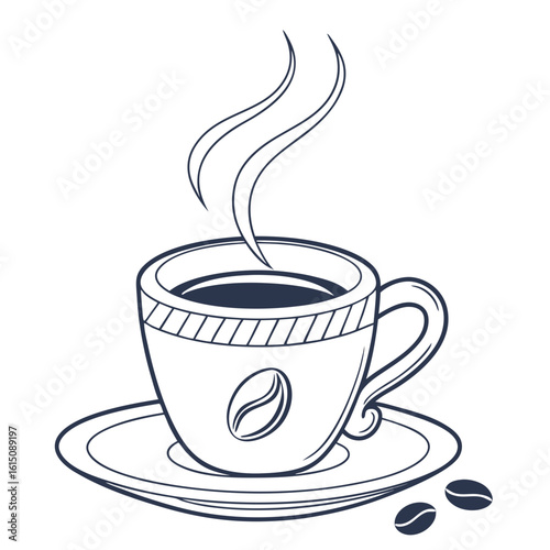 Steaming cup of coffee with coffee beans and saucer line art