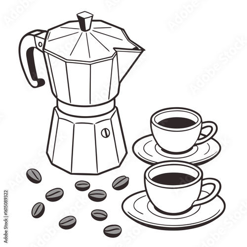 Moka pot coffee maker with two cups and beans line art