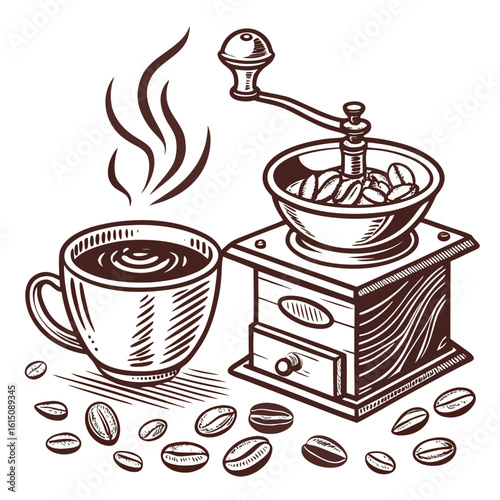 Vintage coffee grinder and steaming cup of coffee with beans