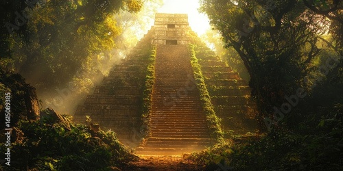 Fototapeta Naklejka Na Ścianę i Meble -  Stone pyramid structure covered with vines stands in dense misty jungle surrounded by tall trees and undergrowth. Generative by AI.