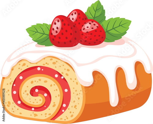 Delicious swiss roll cake with strawberries and cream