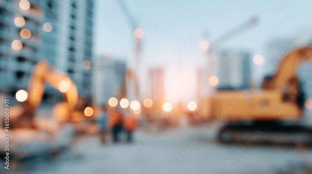 Fototapeta premium Blurred Construction Site Background With Excavators And Urban Development For Website Background Or Marketing Material