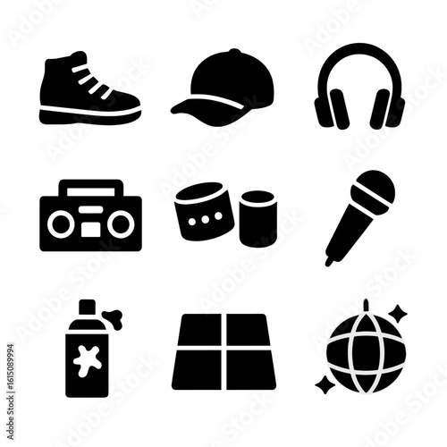 Freestyle Dance Icons. Solid, filled icon set of freestyle dance accessories: sneakers, cap, headphones, boombox, wristbands,