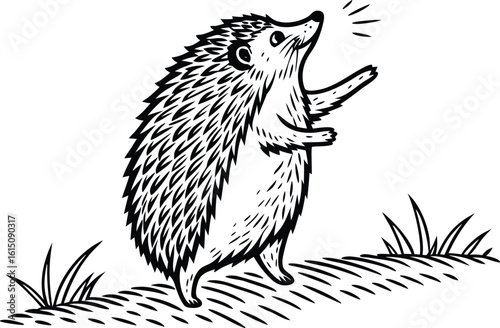 A cute, hand-drawn vector illustration of a wild hedgehog in nature, isolated on white