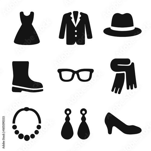 Gender Clothing Icons. Solid, filled icon set of gender clothing and accessories: dress, suit, hat, scarf, boots, glasses,