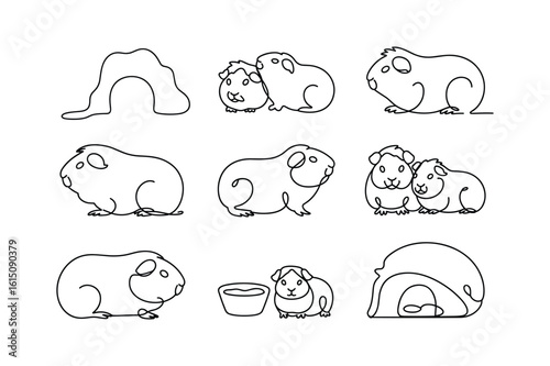 Guinea pigs and shelter line art animal cute