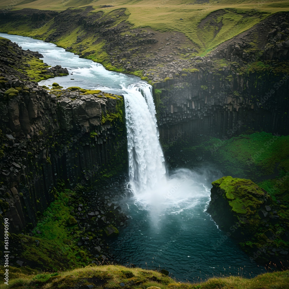 Fototapeta premium Icelandic waterfall, dramatic cliffs and vibrant green moss