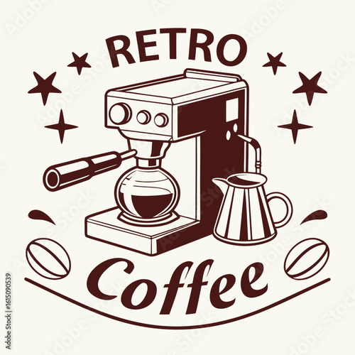 Retro coffee maker with milk pitcher and coffee beans