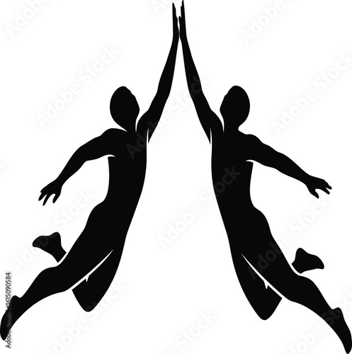 vector illustration of art of two people jumping and giving a high five