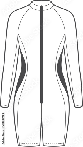 Women's long sleeve wetsuit flat sketch, front view swimwear, sporty fashion design, cad drawing, isolated vector, technical illustration