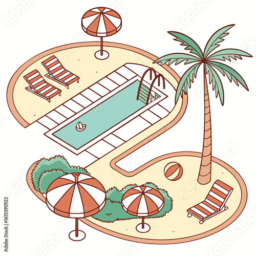 Isometric illustration of a resort swimming pool area with lounge chairs and palm tree
