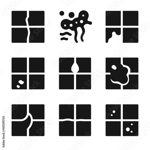 Grout Issue Icons. Solid, filled icon set of grout problems: cracked grout, mold, discoloration, loose grout, water damage,