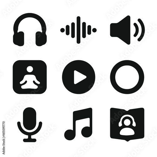 Guided Meditation Icons. Solid, filled icon set of guided meditation and audio: headphones, sound wave, speaker icon, app icon,