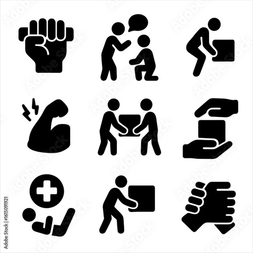 Heavy Load Icons. Solid, filled icon set of helping with heavy loads: hand grip, joint support, lifting posture, bent knees,