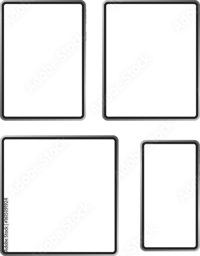 device screen frames vector, set of blank display templates including tablet phone and smartwatch with black borders used for UI UX mockup interface layout graphic illustration

