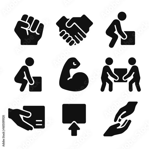 Heavy Load Icons. Solid, filled icon set of helping with heavy loads: hand grip, joint support, lifting posture, bent knees,