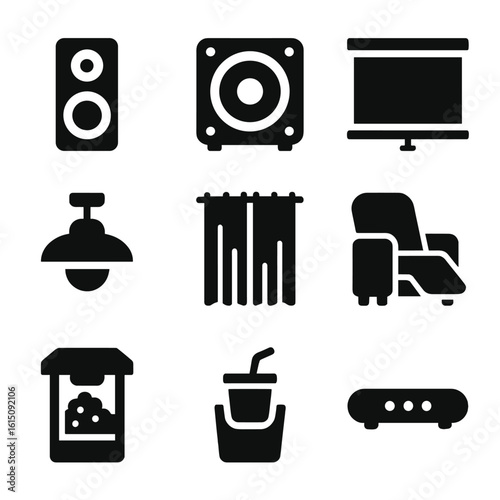 Home Theater Icons. Solid, filled icon set of home theater accessories: speaker, subwoofer, soundbar, projector screen, ceiling