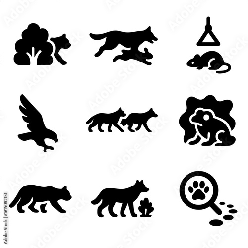 Hunting Techniques Icons. Solid, filled icon set of hunting techniques: ambush, chase, trap, dive attack, pack hunting, camouflage