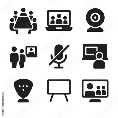 Hybrid Meeting Icons. Solid, filled icon set of hybrid team meeting setups: conference table, laptop screen, webcam icon, hybrid