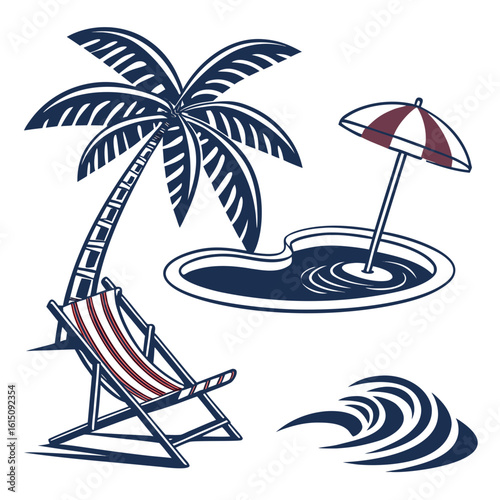 Relaxing tropical beach scene with palm tree lounger pool and waves