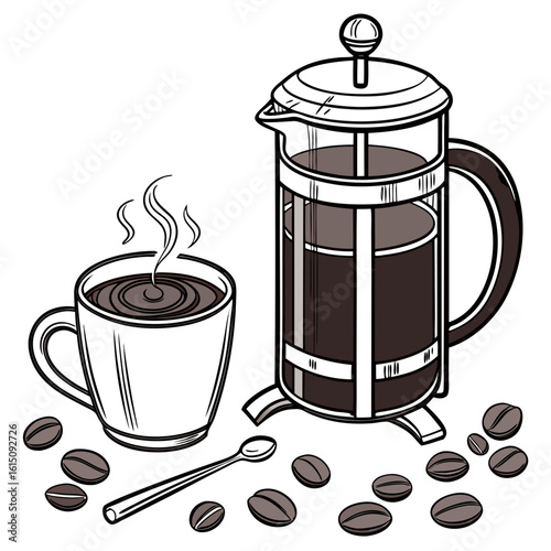 Freshly brewed coffee with french press and steaming mug