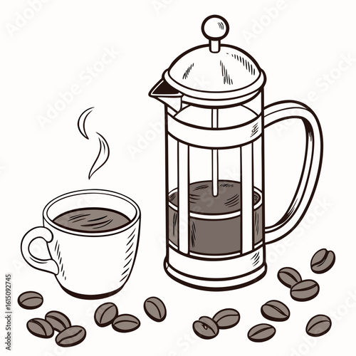 Hand drawn illustration of a french press coffee maker with a steaming cup and coffee beans