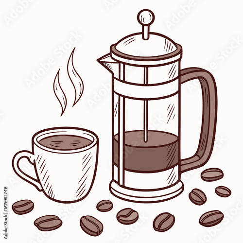 Hand drawn illustration of a steaming cup of coffee next to a french press and coffee beans