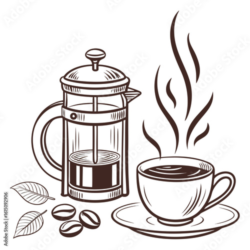 French press coffee maker with steaming cup and coffee beans