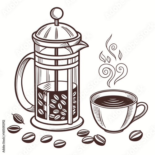 French press coffee maker and steaming cup with coffee beans