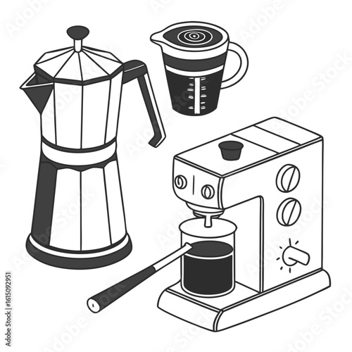 Collection of isometric coffee making equipment including a moka pot espresso machine and measuring cup