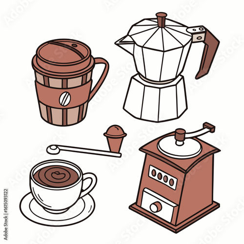 Collection of coffee making equipment and a cup of coffee