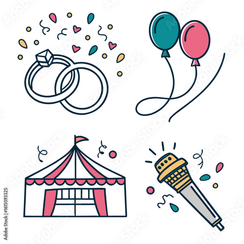 Collection of celebration icons including wedding rings balloons circus tent and microphone