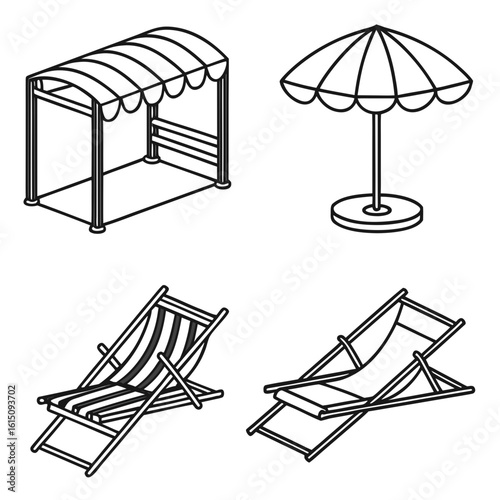 Collection of outdoor furniture and shade elements for relaxation