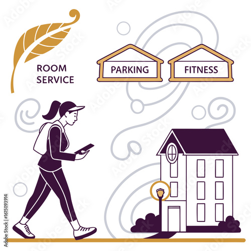 Woman walking with phone near hotel with room service parking and fitness amenities