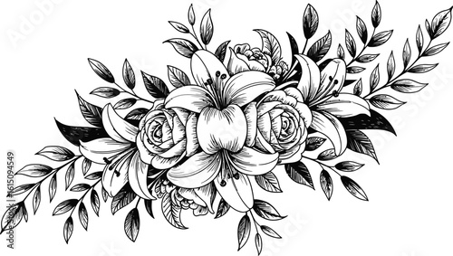 Black and white floral arrangement with lilies and roses