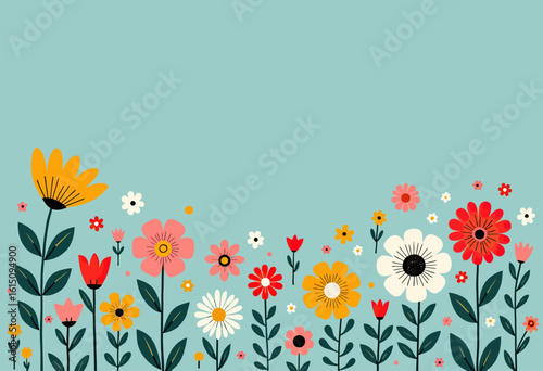A beautiful and fresh floral border with colorful wildflowers on a soft blue background, a perfect, cheerful design for spring invitations or a summer greeting card.
