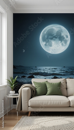 Surreal phone wallpaper of a living room opening to a night ocean with a full moon. Fantasy and dream-like interior design concept.