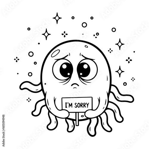 Sad Virus Character Holding I'm Sorry Sign Vector Illustration