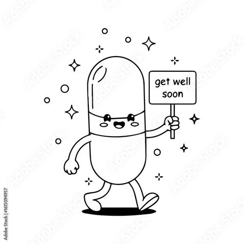 Cute Pill Character Holding Get Well Soon Sign Vector Illustration