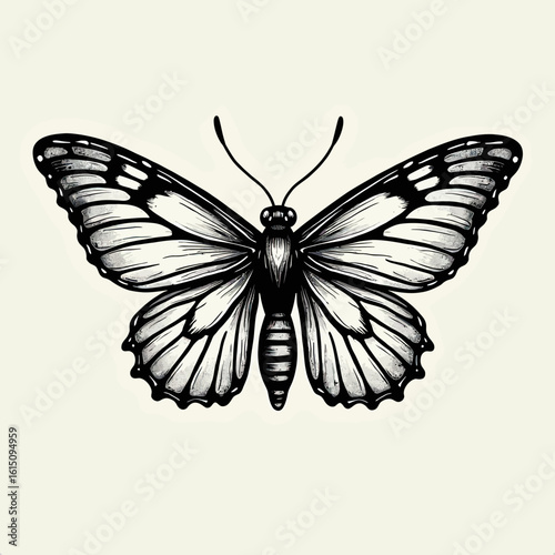 A beautifully detailed, monochrome scientific illustration of a butterfly, perfect as a timeless art print for vintage-inspired decor or a sophisticated tattoo design.
