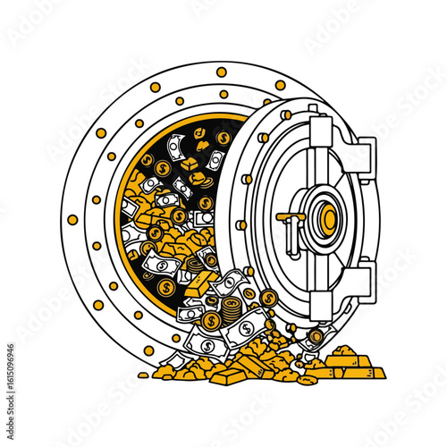 Open Vault Overflowing with Gold Bars and Cash Bundles