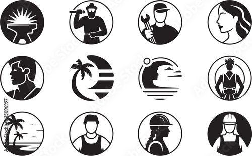 Diverse occupations and tropical scenes depicted in circular icons blacksmith anvil