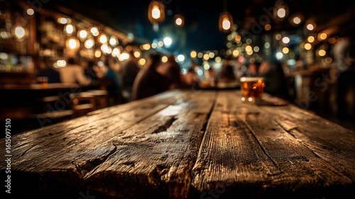 Empty wooden table in a busy pub at night with glass of beer