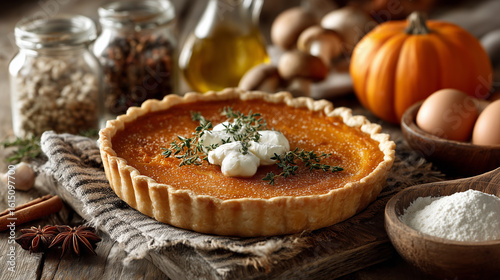 Delicious freshly baked pumpkin pie decorated with thyme for thanksgiving day