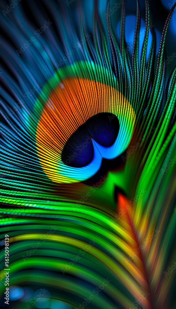 Obraz premium Vibrant Peacock Feather Wallpaper Iridescent Eye Feather Phone Background Colorful Peacock Plume Mobile Wallpaper Macro Detail of Peacock Feather Wallpaper Artistic Avian Feather Phone Background