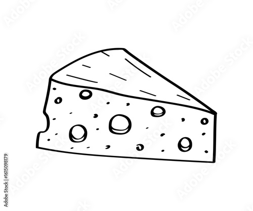 Cheese with holes vector doodle illustration. Piece of maasdam cheese. Isolated on white background.