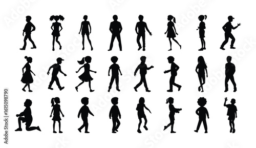 Children silhouette, kid vector set, boy, girl, kids standing, playing, walking, interacting, different poses, kids silhouette set, child activities, group of children isolated figures